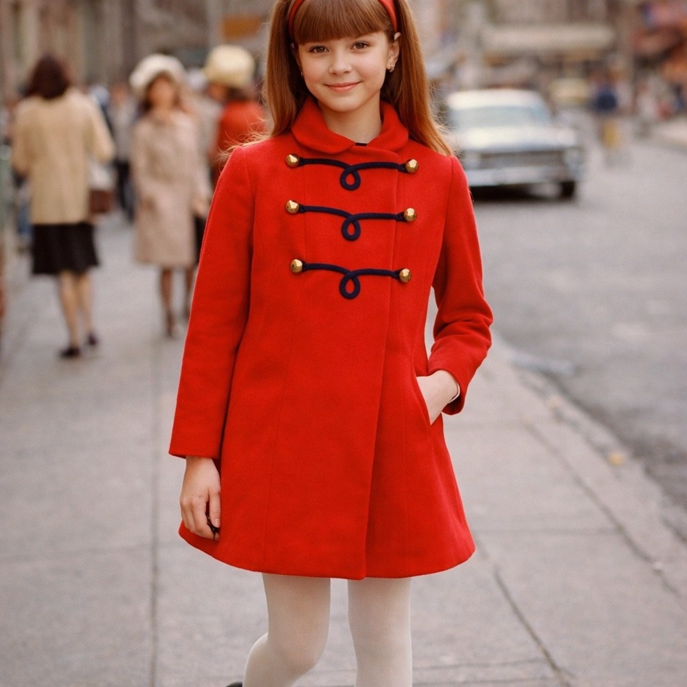 Vintage Fischer Lord & Taylor Kids Red Wool Military Pea‎ Coat Gold Buttons 60s